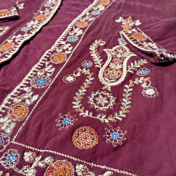 Soft surroundings Embroidered Open Cardigan Size M Burgundy Wine Boho Western - Picture 2 of 9